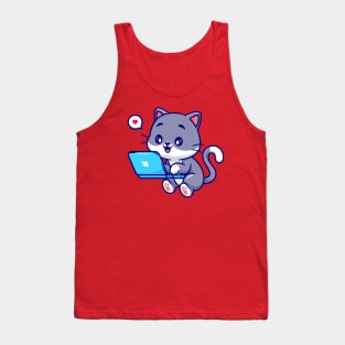 Cute Cat Working On Laptop Cartoon Tank Top